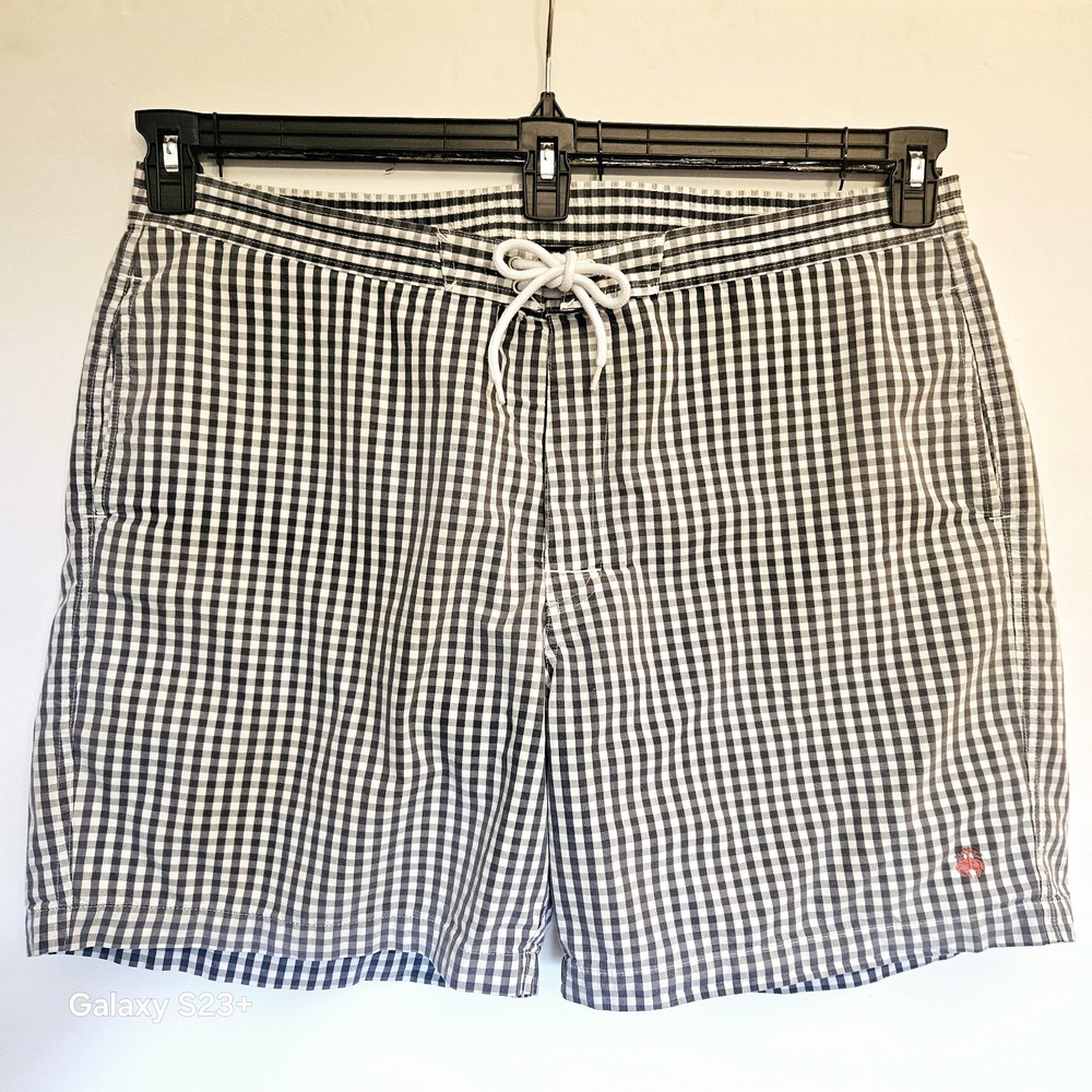 Brooks Brothers 346 Gingham Swim Trunks Blue White Drawstring Mesh Lined Mens XL